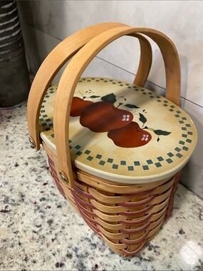 Vintage Woven Picnic Basket with Country Apple Motif Lid - Red & Natural